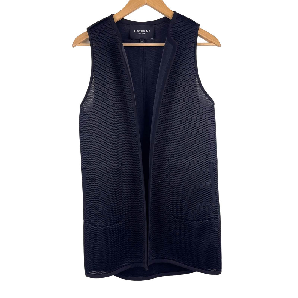 Lafayette 148 Black Collarless Longline Open Front Vest Cardigan Women's P XS